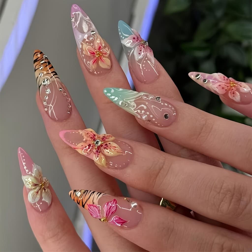 24 peças unhas de amêndoa 3D flor tigre listra Design unhas falsas de luxo, com strass e pérolas, para mulheres