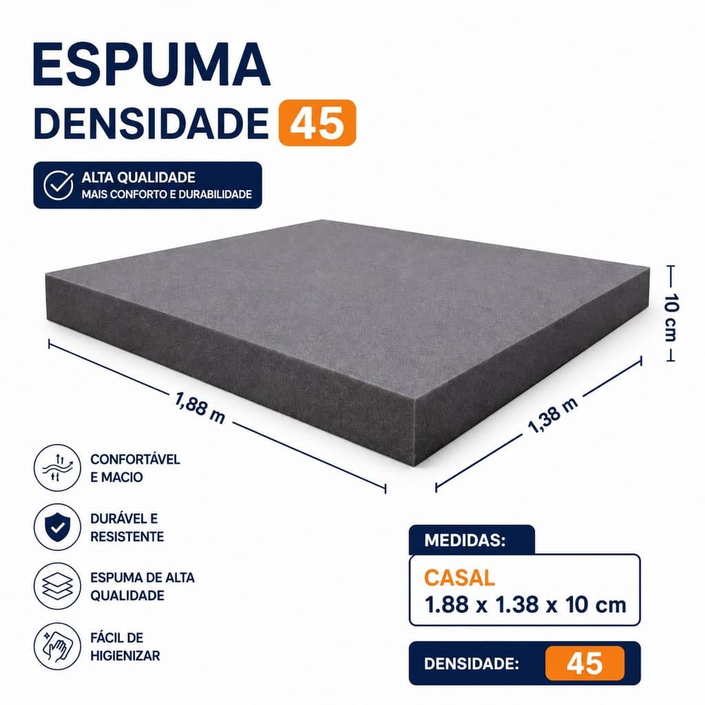 Espuma Densidade 45 Vários tamanho cama de casal ortopédico 1,88 x 1,38 x 10 cm