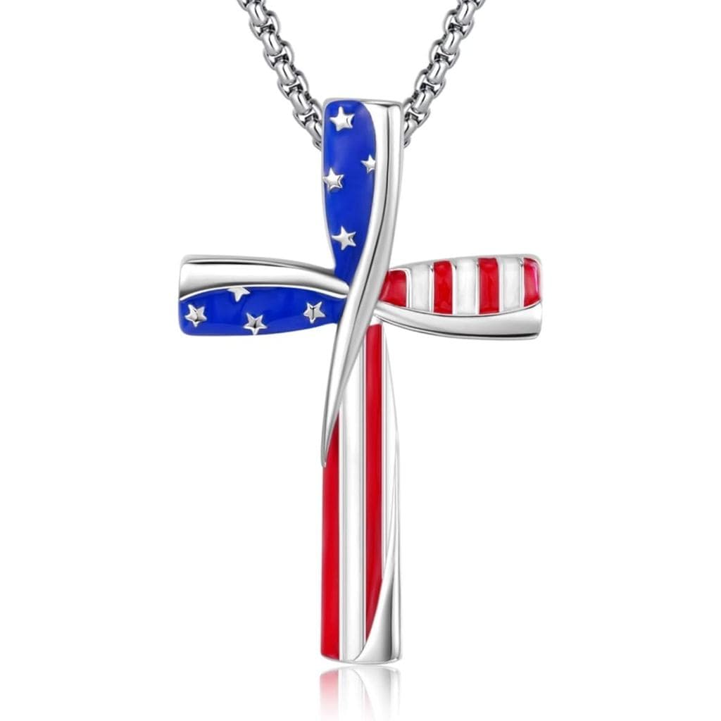 Colar com Pingente de Cruz Patriótica, Estrelas e Listras Vermelhas, Brancas e Azuis, Bandeira Americana