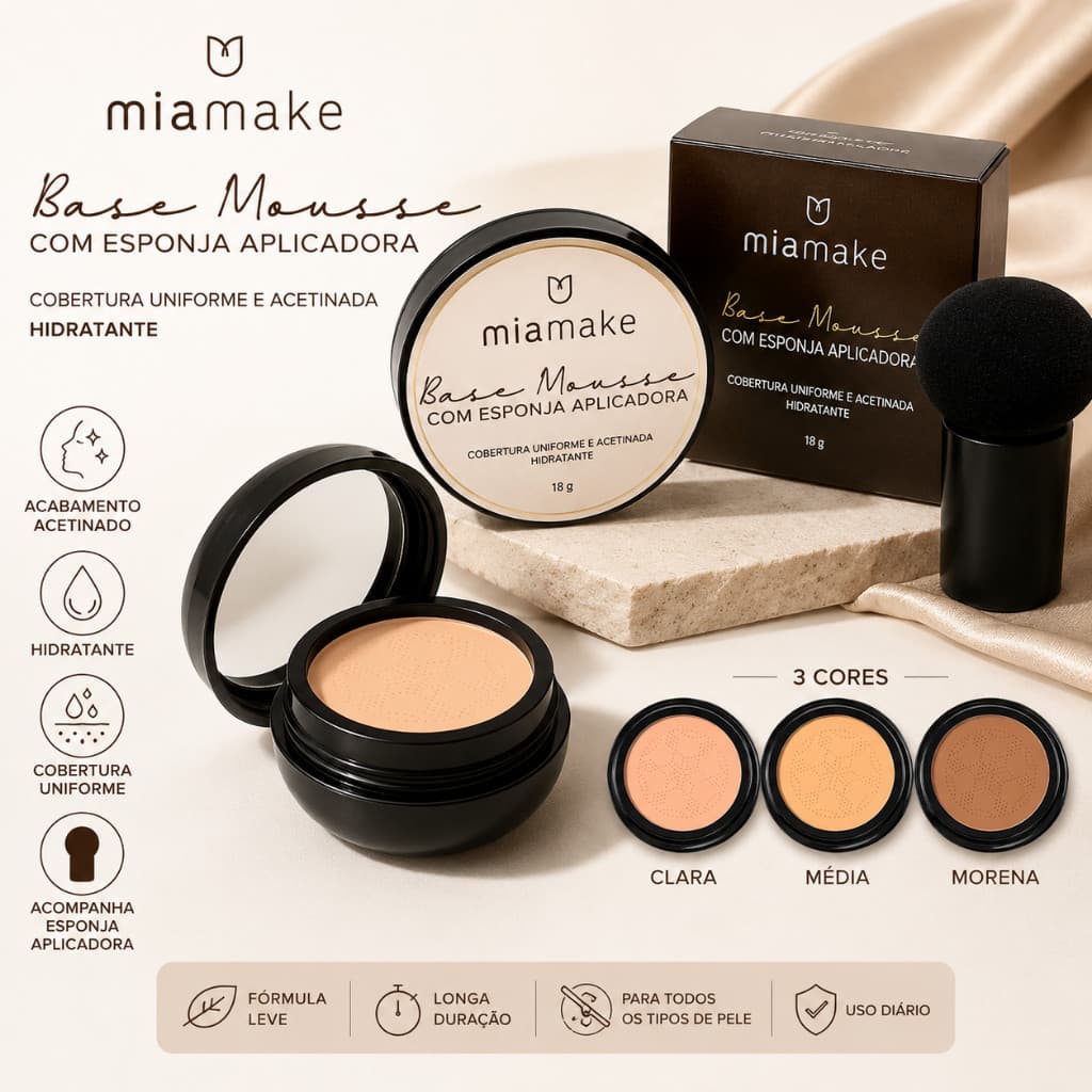 Base Mousse Mia Make 18g Corretivo Hidratante com Espelho e Esponja Aplicadora