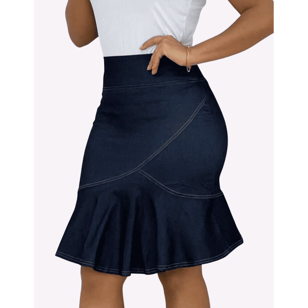 Saia Jeans Feminina Midi Cintura Alta com Babado Evangélica Elegante Premium- LS MODAS (Moda Jeans)