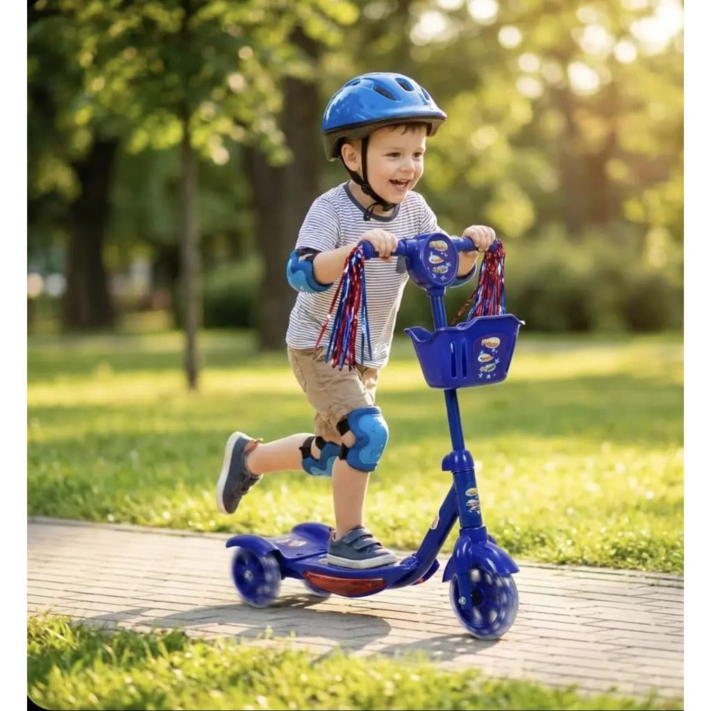 Patinete Infantil 3 Rodas Azul Com Cesta Luz E Som Para Crianças