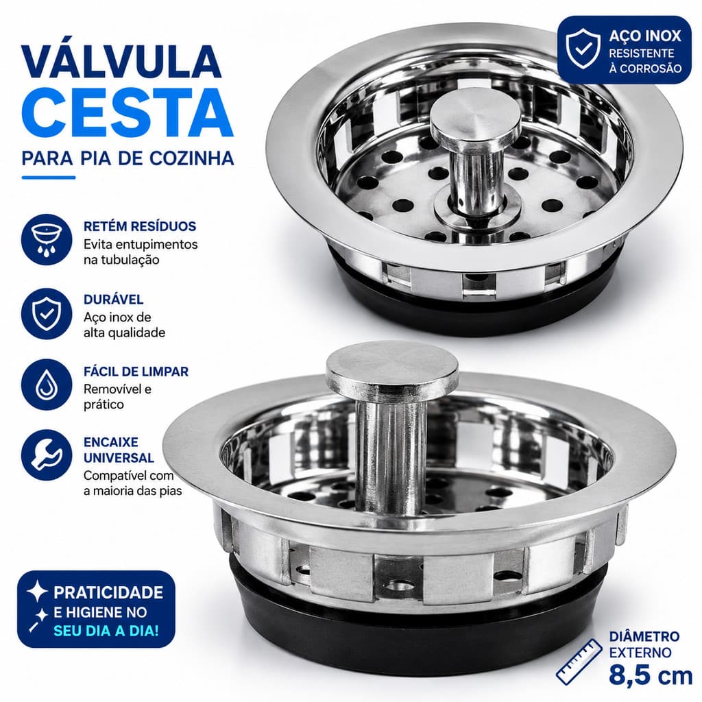 Ralo de Metal 6cm para Pia com Válvula Cromada – Praticidade e Elegância para sua Cozinha!