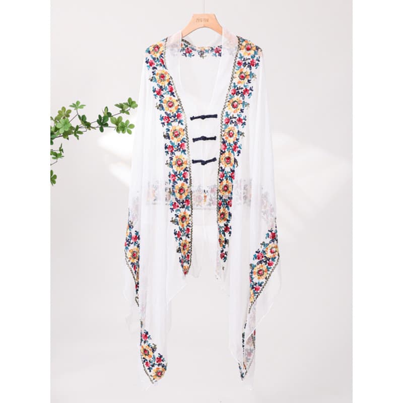 Novo estilo étnico bordado protetor solar xale gaze de vidro cachecol All-match moda exterior jogo protetor solar manto