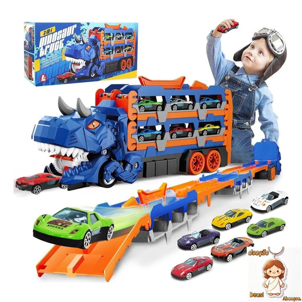 12 Carrinhos com Caminhão Dinossauro Dino Engole Carrinhos Brinquedo Infantil Menino Kit Presente