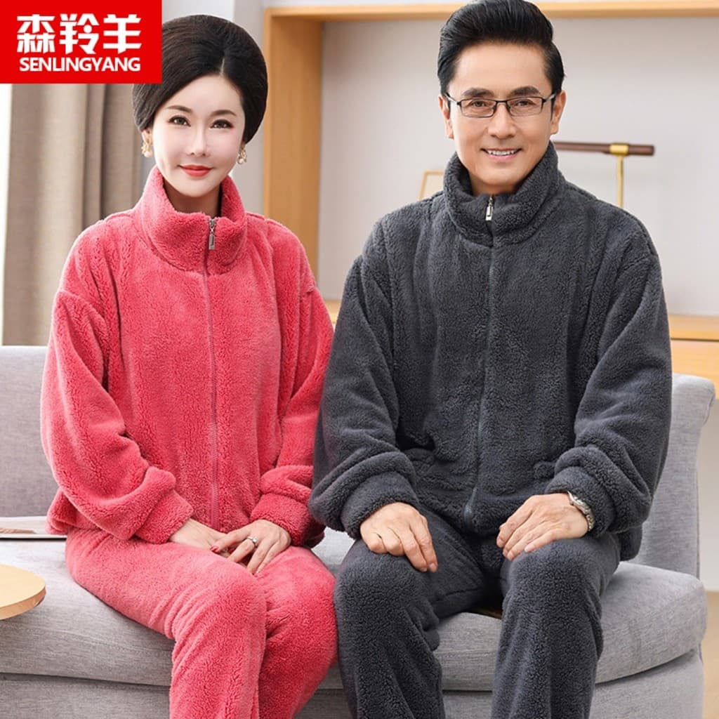 2025 mãe pai Coral velo casal outono inverno pijamas feminino forro de lã engrossado quente zíper masculino Homewear