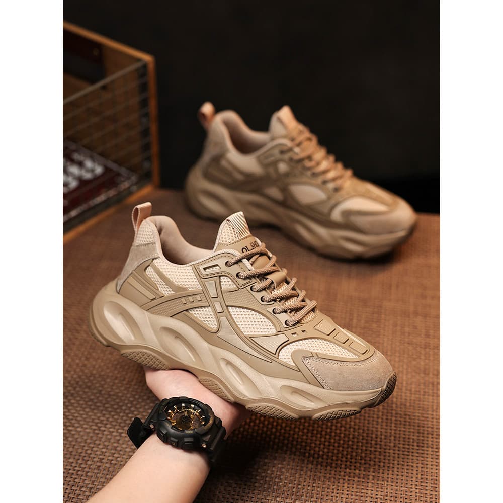 Sapatos masculinos 2026 primavera novo estilo respirável malha de sola grossa sapatos de pai masculinos esportes aumenta