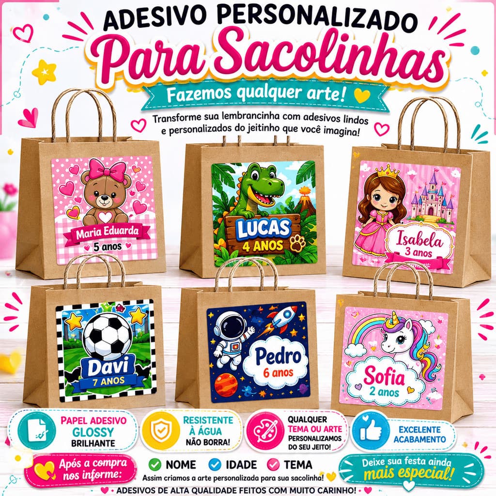 Adesivo Personalizado para Sacolinha | Qualquer Tema | Papel Adesivo Glossy
