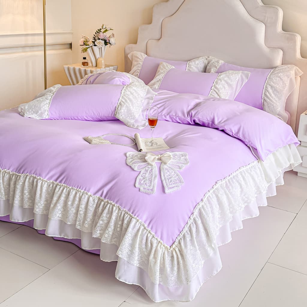 Luz francesa luxo menina roxo algodão rosa cama conjunto de quatro peças estilo princesa puro algodão renda colcha capa