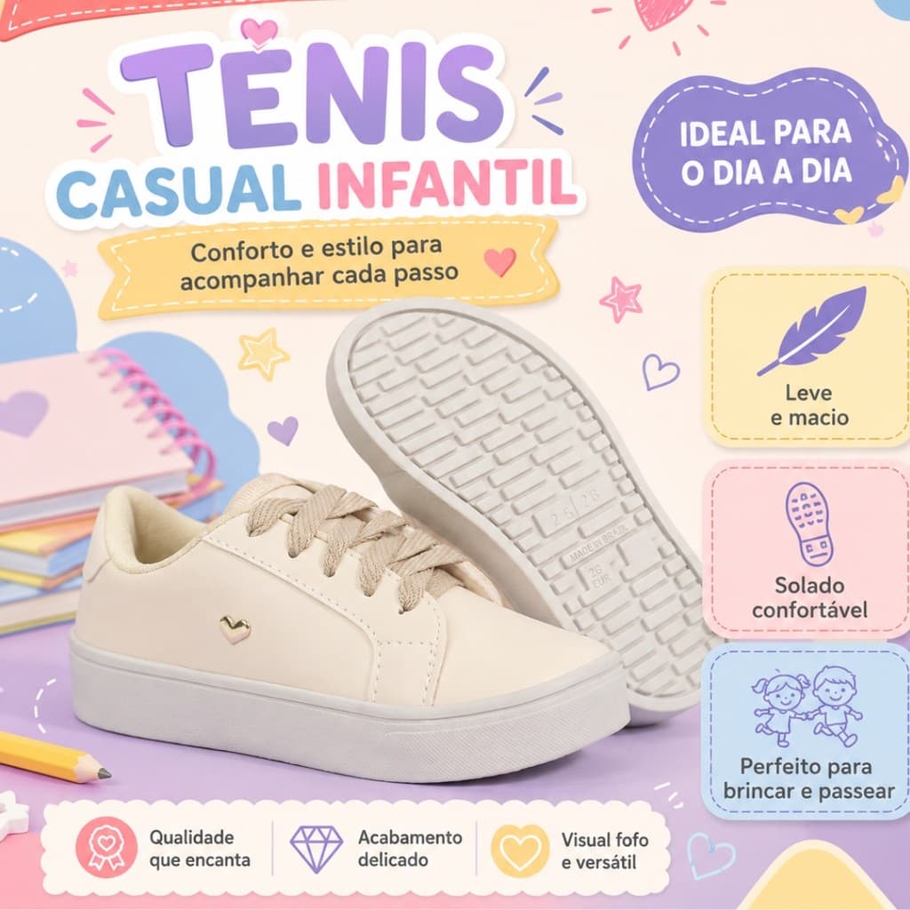 Tênis Infantil Feminino Branco Rosa Leve Macio Estilo Fashion Ideal Para Escola E Passeio