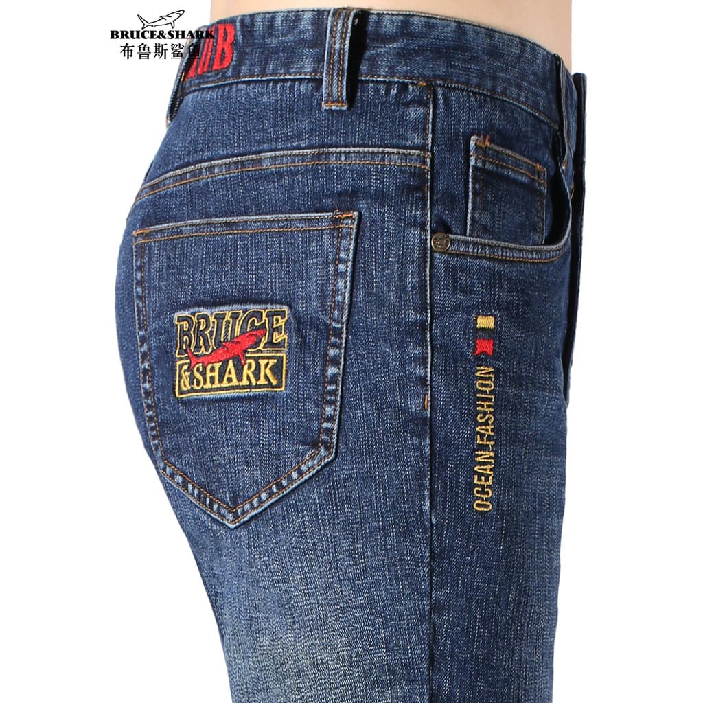 Outono inverno masculino em linha reta bordado Jeans Bruce tubarão engrossado calças soltas masculinas na moda tamanho g