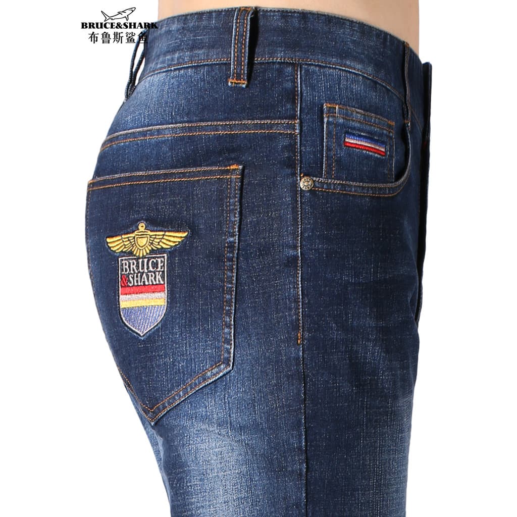 Outono inverno Jeans masculino grosso calças retas Bruce tubarão masculino tamanho grande Street Wear bordado solto calç