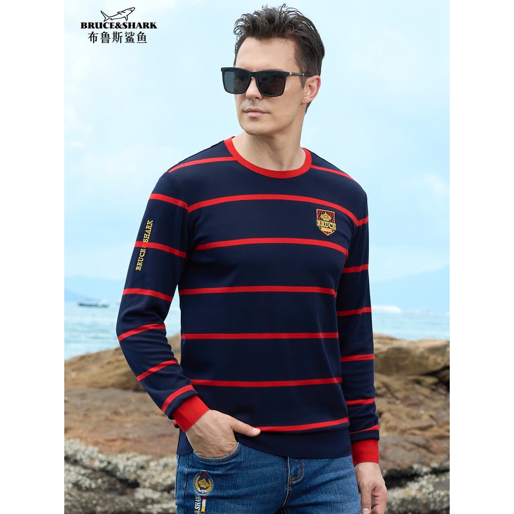 2025 outono novo estilo masculino listrado camiseta Bruce Shark masculino na moda bordado tamanho grande solto de manga