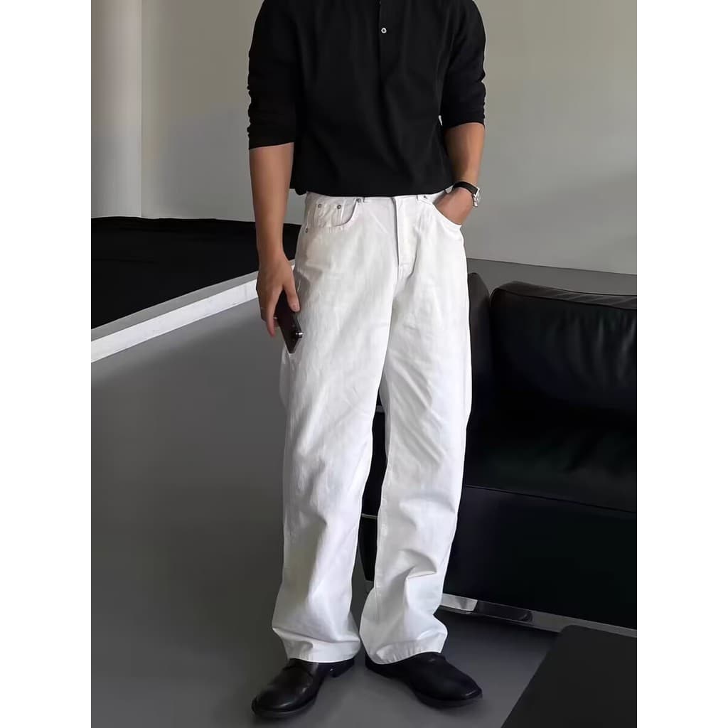 Americano Retro branco Jeans masculino High-End solto em linha reta mais magro olhar calças europeu Casual All-Match mac