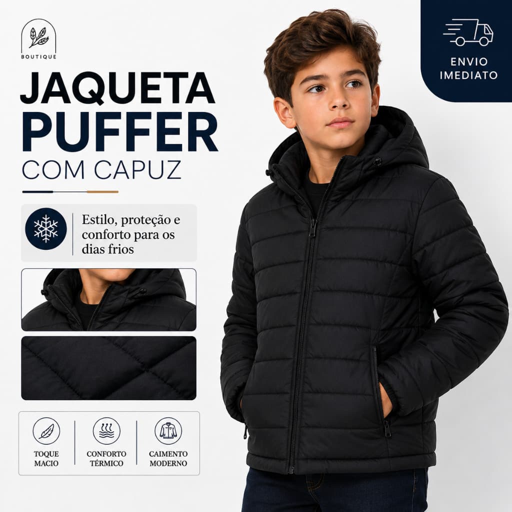 Jaqueta Puffer Infantil Bobojaco Unissex Capuz Removível Inverno Frio