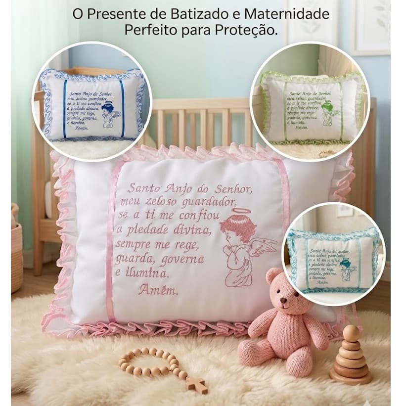 Travesseiro Bordado para Batizado Maternidade com Babados e Refil Removível Oração Santo Anjo