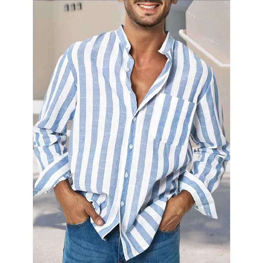 Camisa Masculina Versátil Com Lapela Listrada Fina