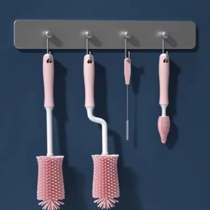 Kit 4 Escova De Lavar Mamadeira Para Bebê De Silicone Limpeza Completa Com Escova De Bico E Canudo Rosa Azul WL-2707