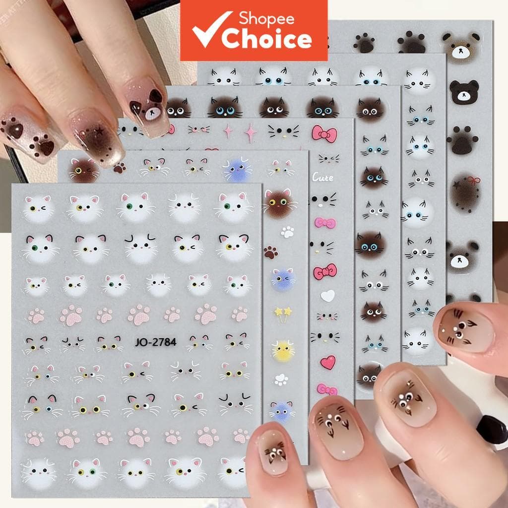 3/6/12 Folhas Adesivos de Unha de Gato Fofo, Estampa de Patinha de Urso Kawaii, Rosto de Animal Fofo, 3D Borda Macia,