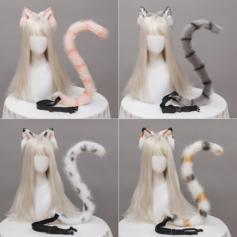 Calico Gato Orelha Bandana Laranja Cauda Conjunto De Pelúcia Lolita KC Cosplay Menina Traje