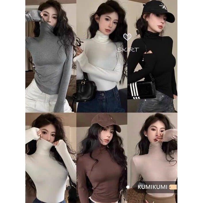 Preto Casual gola alta pulôver interior de manga comprida camiseta topo feminino verão estilo curto All-Match magro-ajus