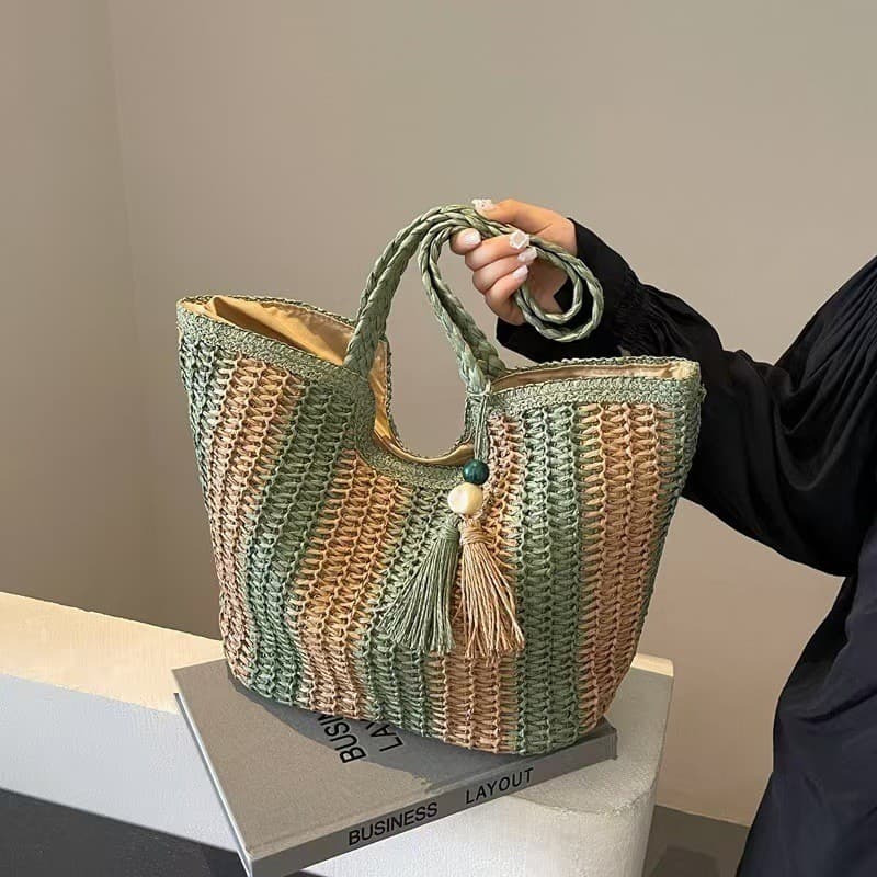 Novo estilo saco de palha de um ombro grande capacidade sacola feminina bolsa de tecido saco de palha beira-mar Va