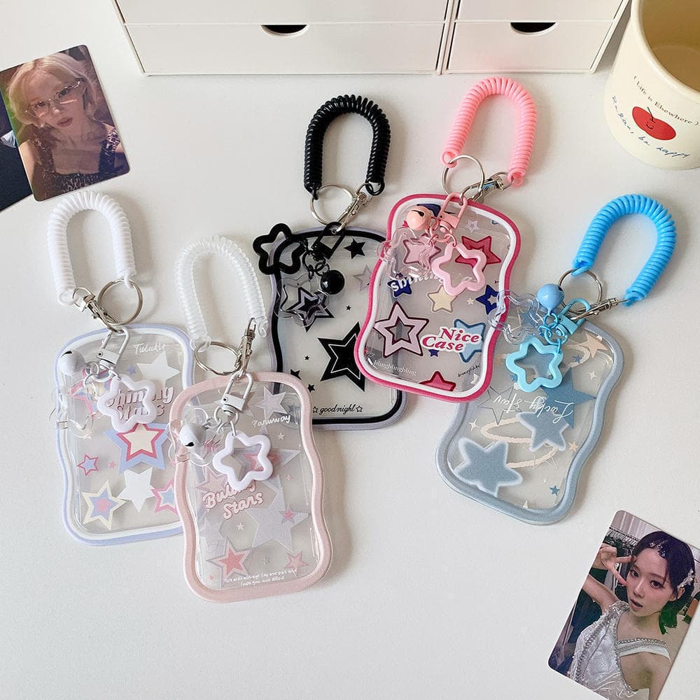 Chaveiro Porta-Cartões Fotográficos Kawaii Wavy Edge Glitter Star , Cordão De Mola Enrolado Com Pingente De Estrela , Ca