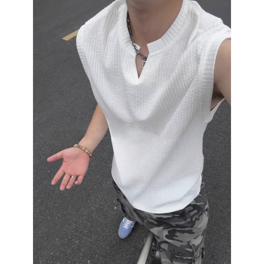 Texturizado plissado com decote em v sem mangas colete masculino verão respirável gelo seda legal camiseta esportes amer