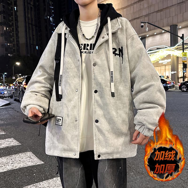 Jaqueta de veludo masculina outono inverno férias de duas peças com capuz jaqueta estudante forro de lã engrossado Parka