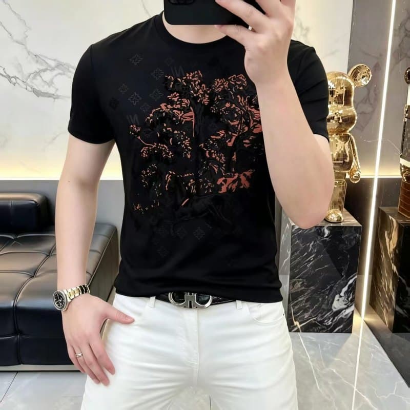 Verão europeu novo estilo masculino em torno do pescoço Digital reunindo impresso de manga curta camiseta moda magro-aju