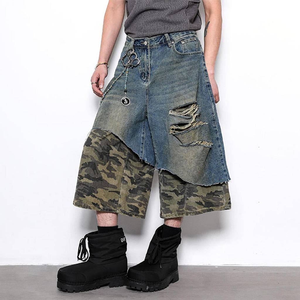 Americano Retro camuflagem costura rasgado Denim Shorts masculino verão Street Wear bonito solto Casual perna larga colh