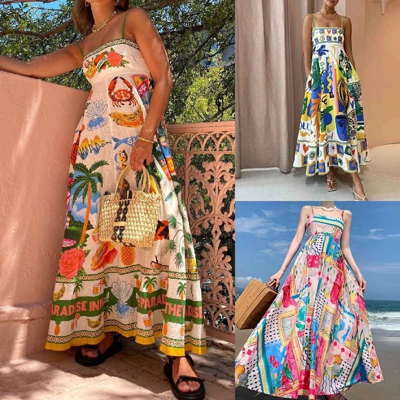 【Confortável】【Estampa Graffiti】 Vestido de Tirantes sem Mangas com Estampa Graffiti/Feminino/Estilo Moderno/Verão