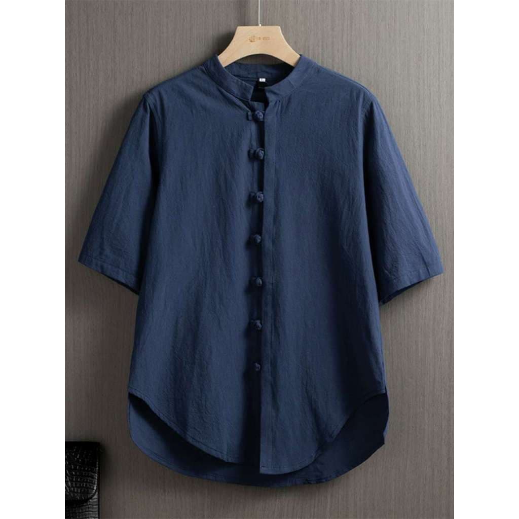 Novo estilo chinês imitação de algodão linho camisa de manga curta masculina verão Retro gola alta botão meia manga cami