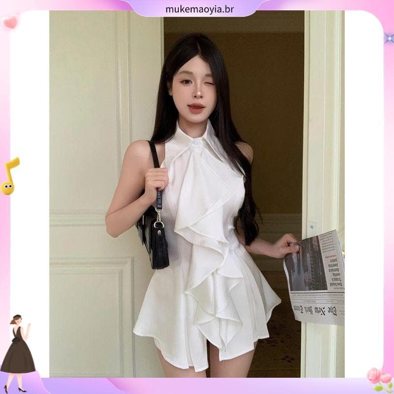Francês Elegante Moda Tendência Babados Sem Mangas Cintura Estreita Vestido Fino Feminino & # 39roupas