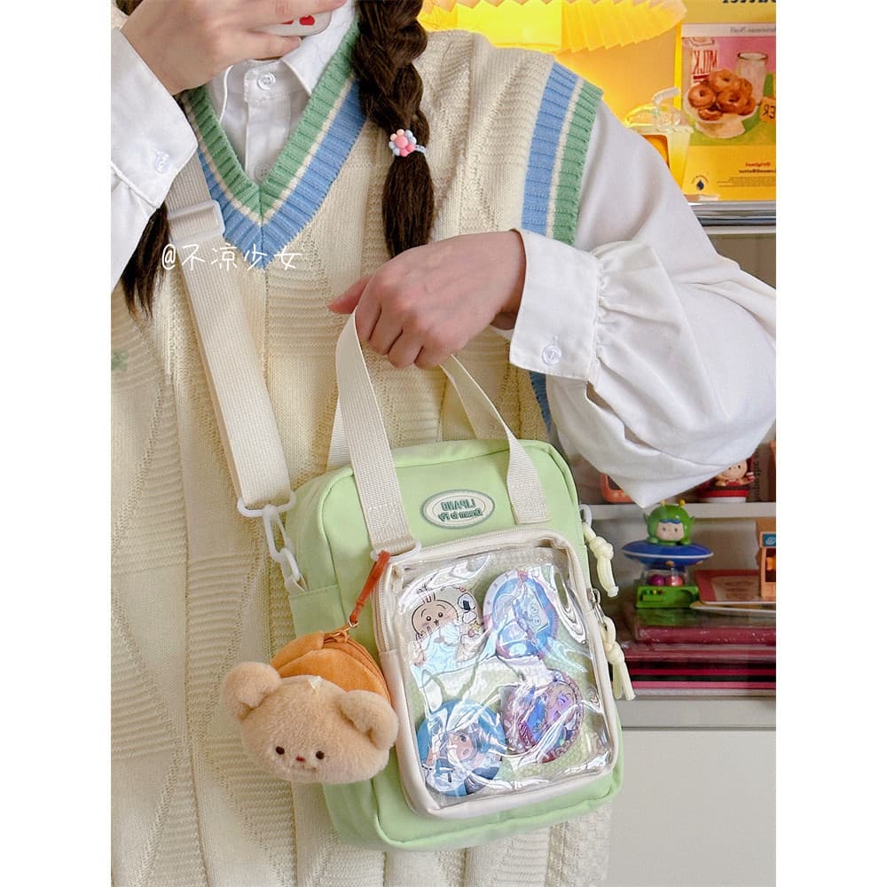 Bonito bidimensional saco do mensageiro japonês faculdade telefone móvel pequeno saco feminino vale transparente barra C