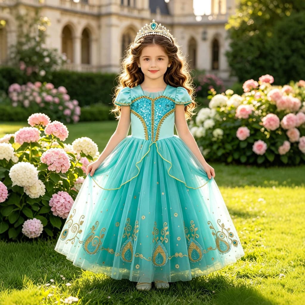 Vestido de Princesa Jasmine para Meninas com Lantejoulas Azuis, Fantasia para Festa de Aniversário O4HH