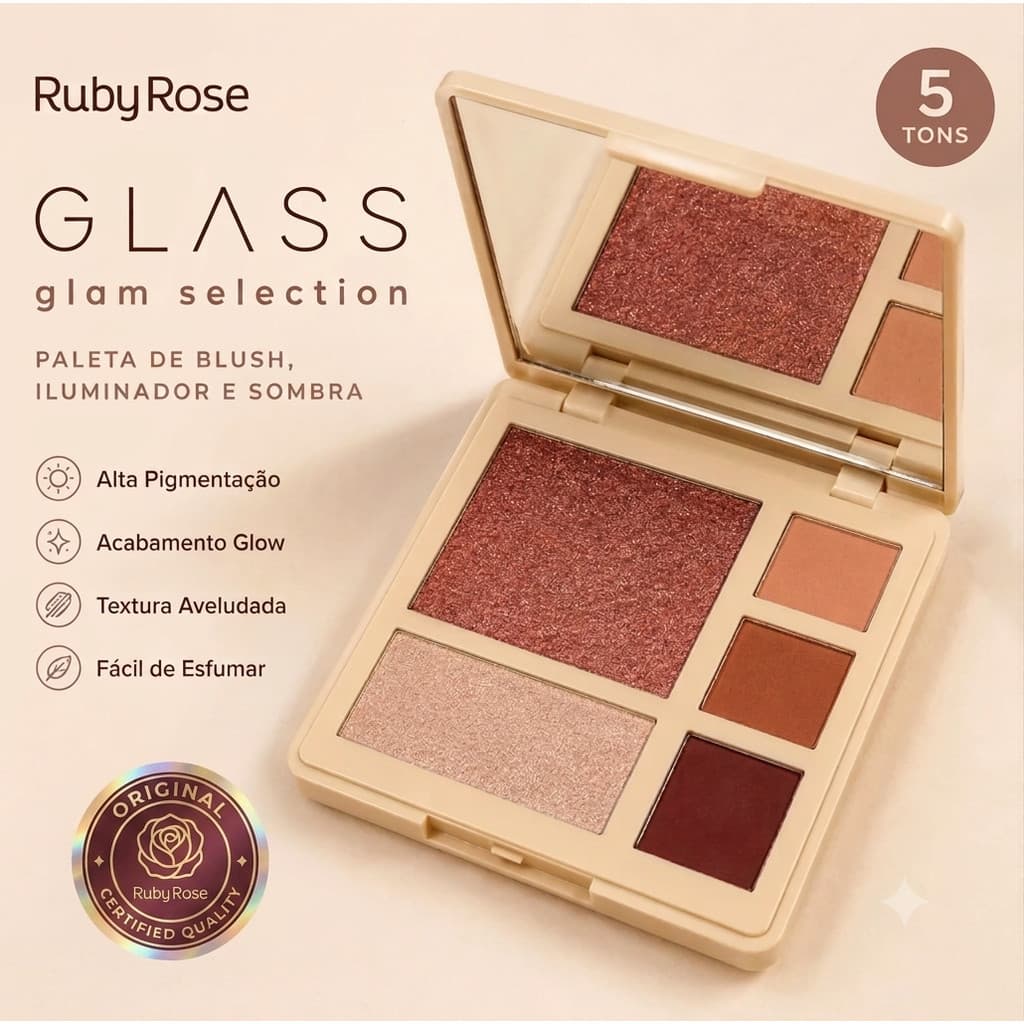 Paleta Ruby Rose Glass Glam Mirror Shade | ORIGINAL | 3 em 1 Blush Iluminador e Sombras