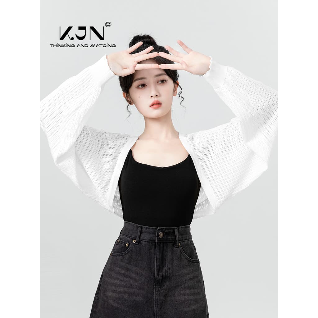 Branco protetor solar de malha Cardigan feminino verão 2026 novo estilo estilingue exterior xale blusa fina colete curto