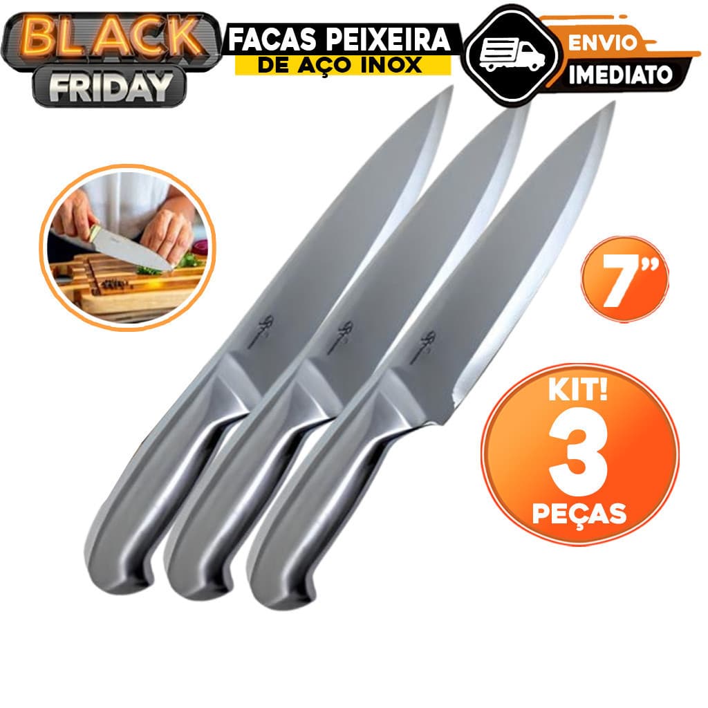 Kit 3 Faca Peixeira Toda em Inox Profissional N°7 Linha Texas Afiada Açougueiro Açougue Cozinha Carne Churrasco
