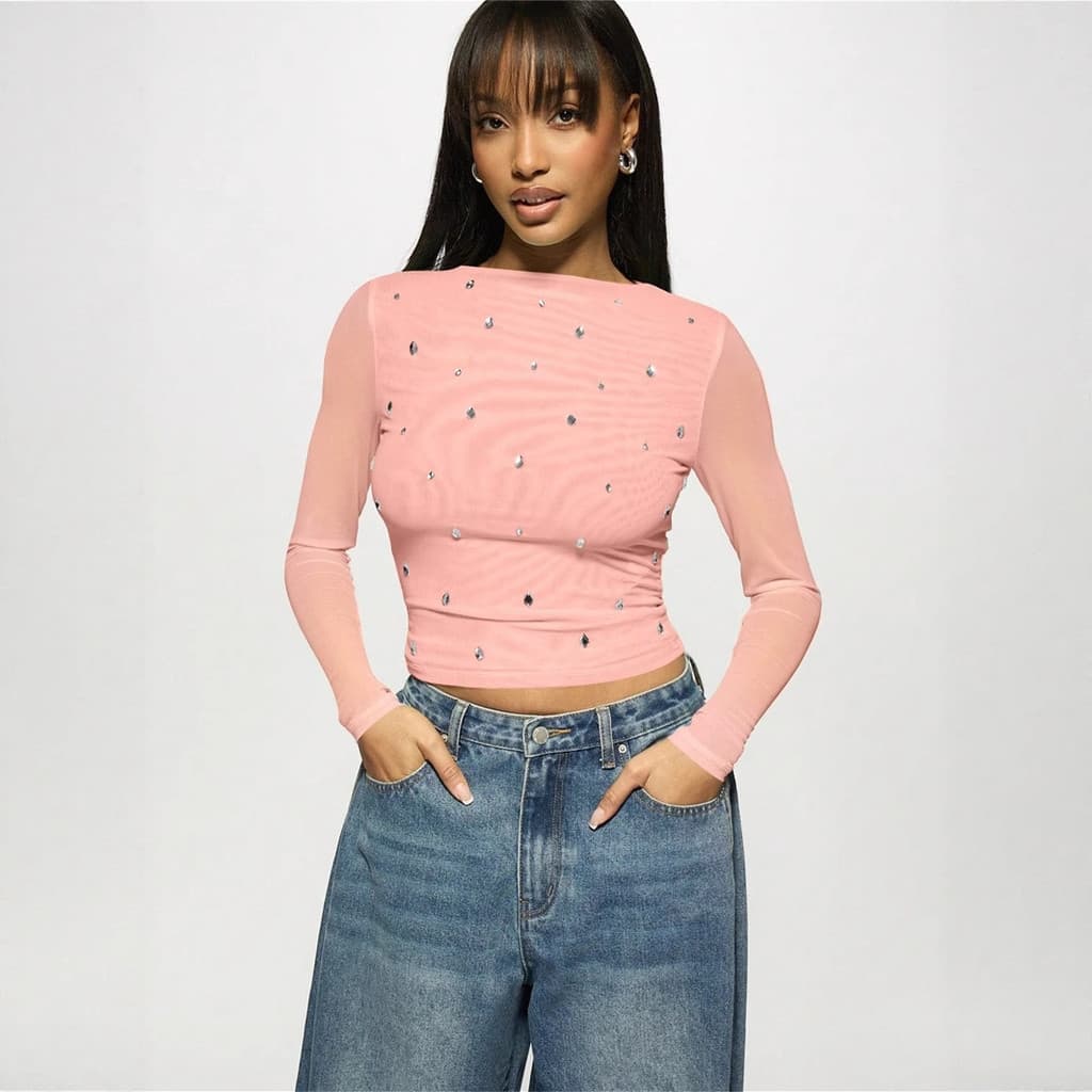 Camiseta Feminina De Malha Fina Estampada Outono Inverno Manga Comprida Semi-Transparente Strass Decorado Top