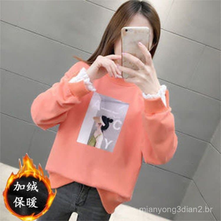 Outono inverno forro de lã moletom feminino coreano moda feminina solta mais magro olhar Casual na moda costura renda