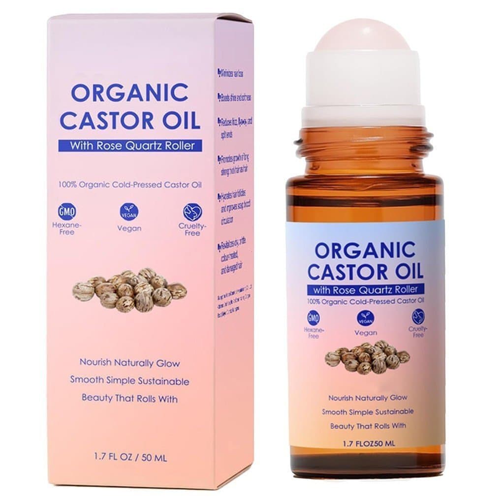 Óleo de Rícino Orgânico Dourado em frasco roll-on, equipado com uma esfera de quartzo rosa, óleo de rícino puro, orgânic