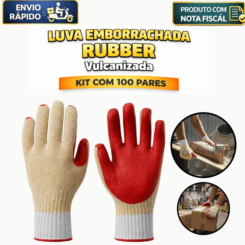 100 Pares Luva Emborrachada EPI Rubber Resistente Vulcanizado Proteção Segurança Antiderrapante