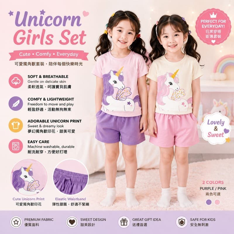 Conjunto Infantil: Camiseta e Shorts de Unicórnio para Crianças, Dois Peças, 100% Algodão, Respirável, Casual