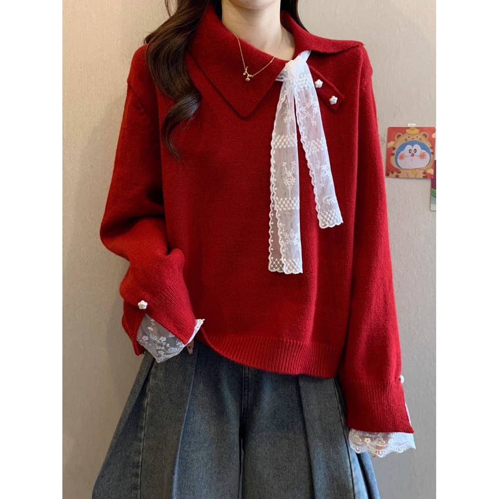 High-End camisola vermelha outono inverno 2026 novo estilo Plus Size roupas femininas gordura mm bela renda costura malh