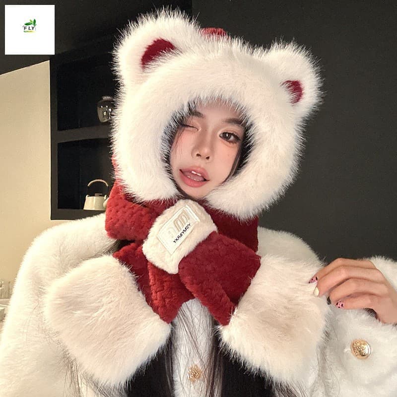 Cachecol De Chapéu De Urso De Pelúcia Multifuncional Para Mulheres – Ciclismo Com Proteção De Ouvido De Inverno