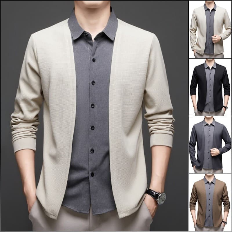 Camisa Formal Masculina, Camisa Masculina Simulada de Duas Peças, Cardigã Casual de Tricô, Suéter Masculino Slim H9GI