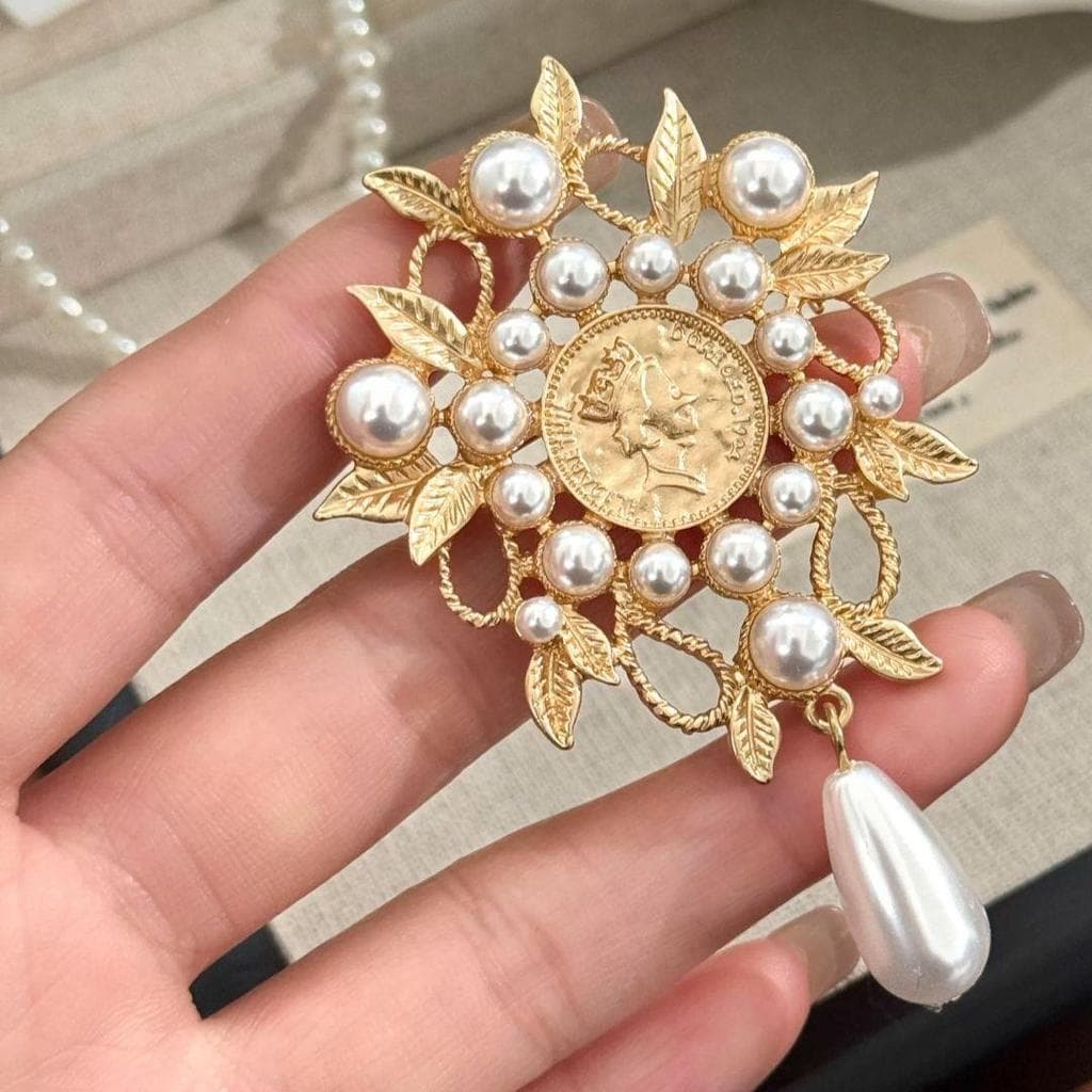 Gota de água folha ramo pérola broche oco barroco fosco ouro terno casaco pino acessórios Retro