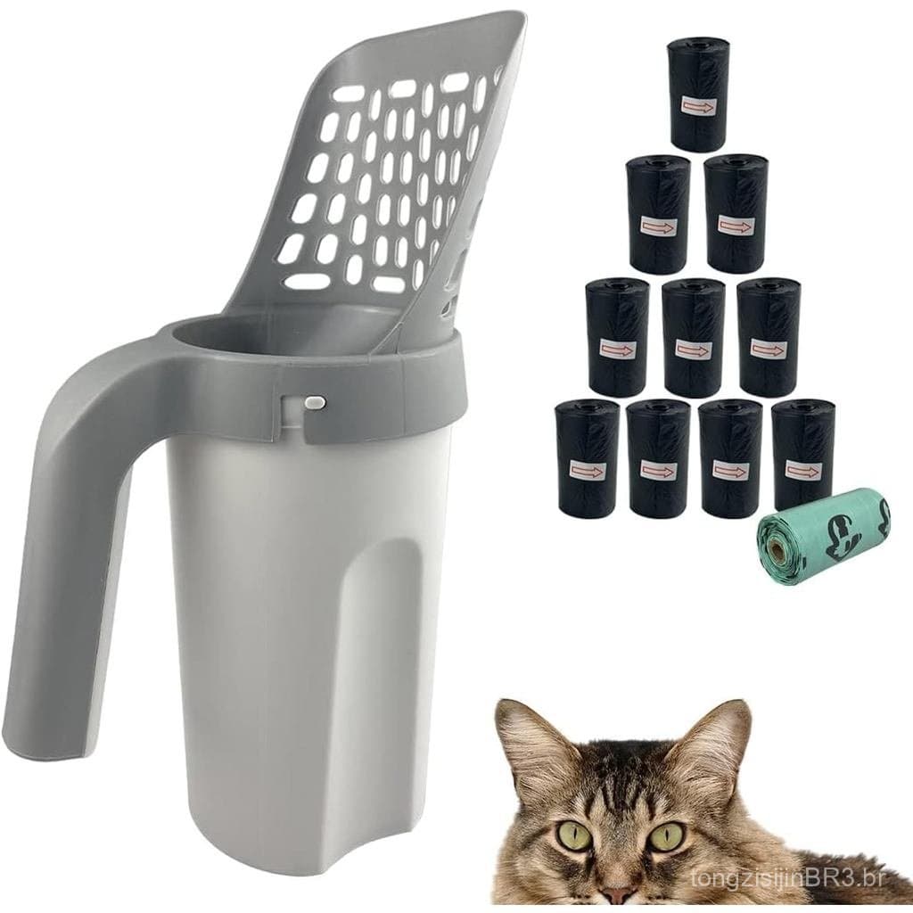 Pá para Areia de Gato com Recipiente para Lixo, Suporte Portátil para Pá de Areia, Pá com Suporte que Fornece 215 Sacos
