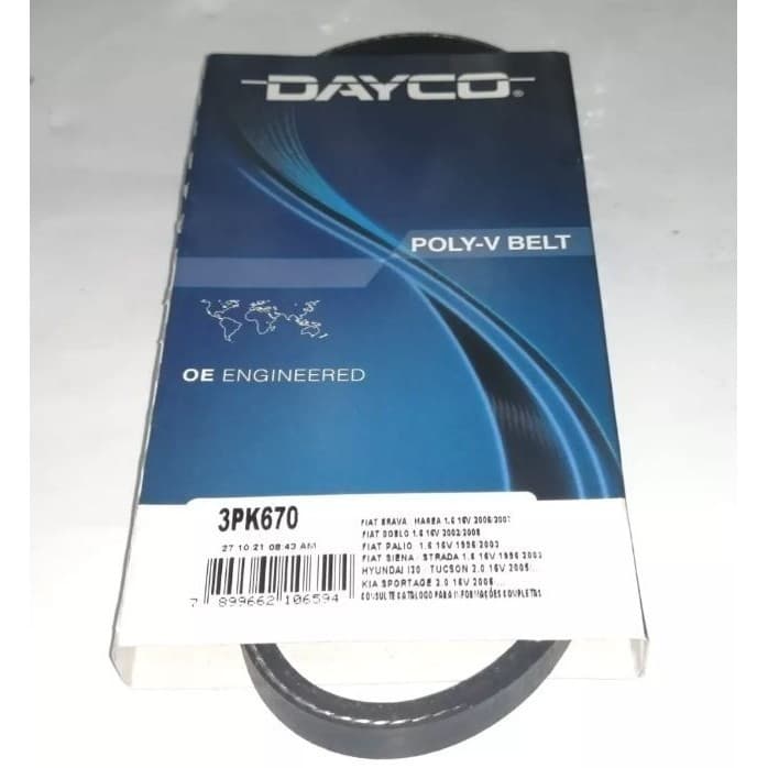 Correia 3PK670 Dayco Bomba D'Água Direção Hidráulica Fiat Brava Doblo Marea Palio 1.6 16V Original